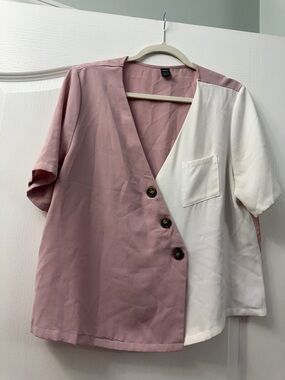 SHEIN Dusty Pink and White Short Sleeve Button Top